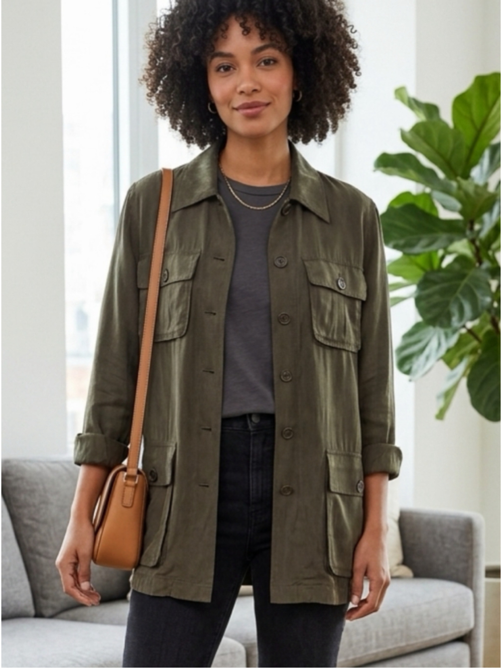 Emanuel Ungaro Liberte woman’s Olive Green Utility Silk Shacket Vintage 2118